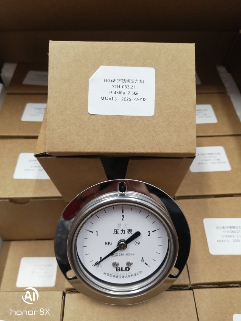 BLD 北京布莱迪 YTH‑063.ZT 不锈钢压力表 0‑4MPa 2.5 级 M14×1.5 轴向带边禁油压力表