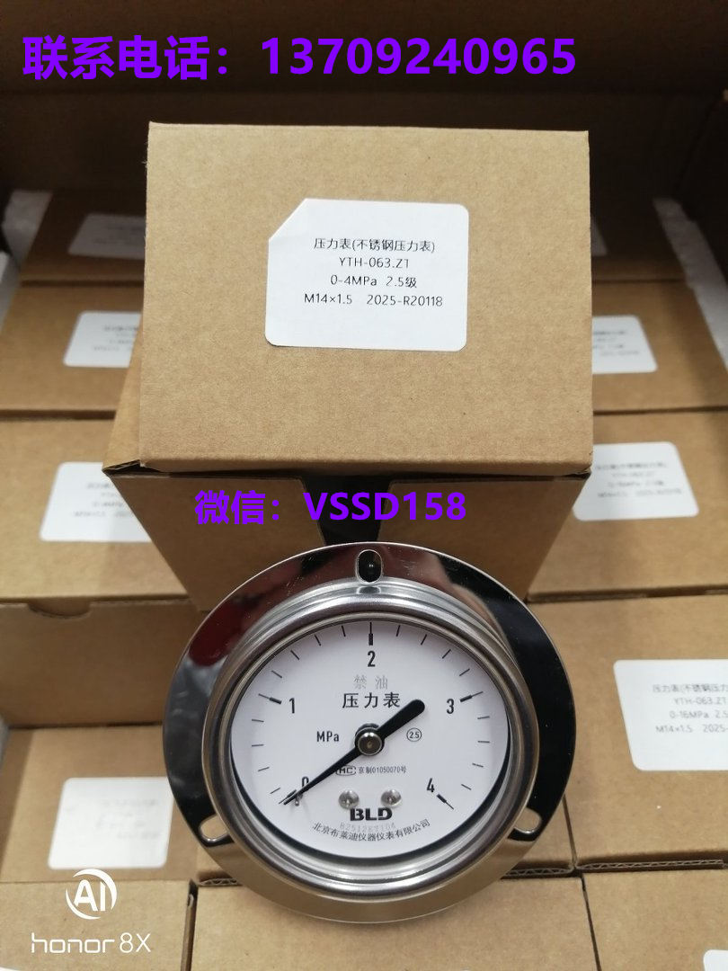 BLD 北京布莱迪 YTH‑063.ZT 不锈钢压力表 0‑4MPa 2.5 级 M14×1.5 轴向带边禁油压力表
