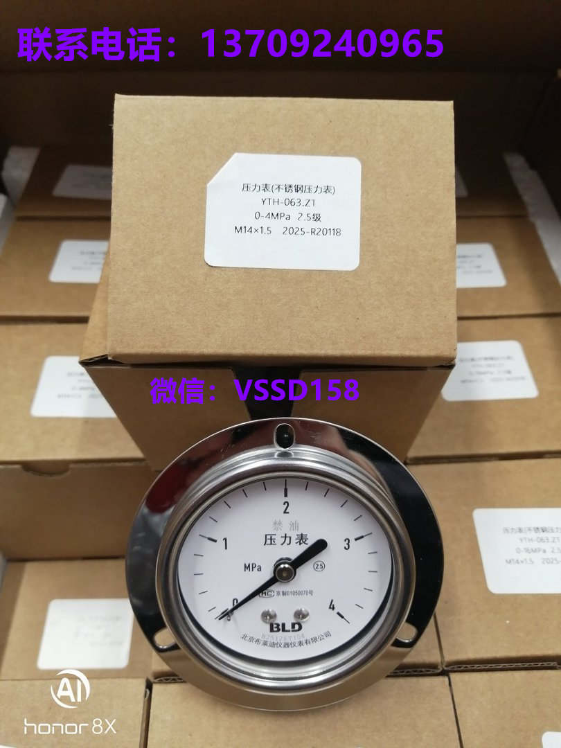 BLD 北京布莱迪 YTH‑063.ZT 不锈钢压力表 0‑4MPa 2.5 级 M14×1.5 轴向带边禁油压力表_副本