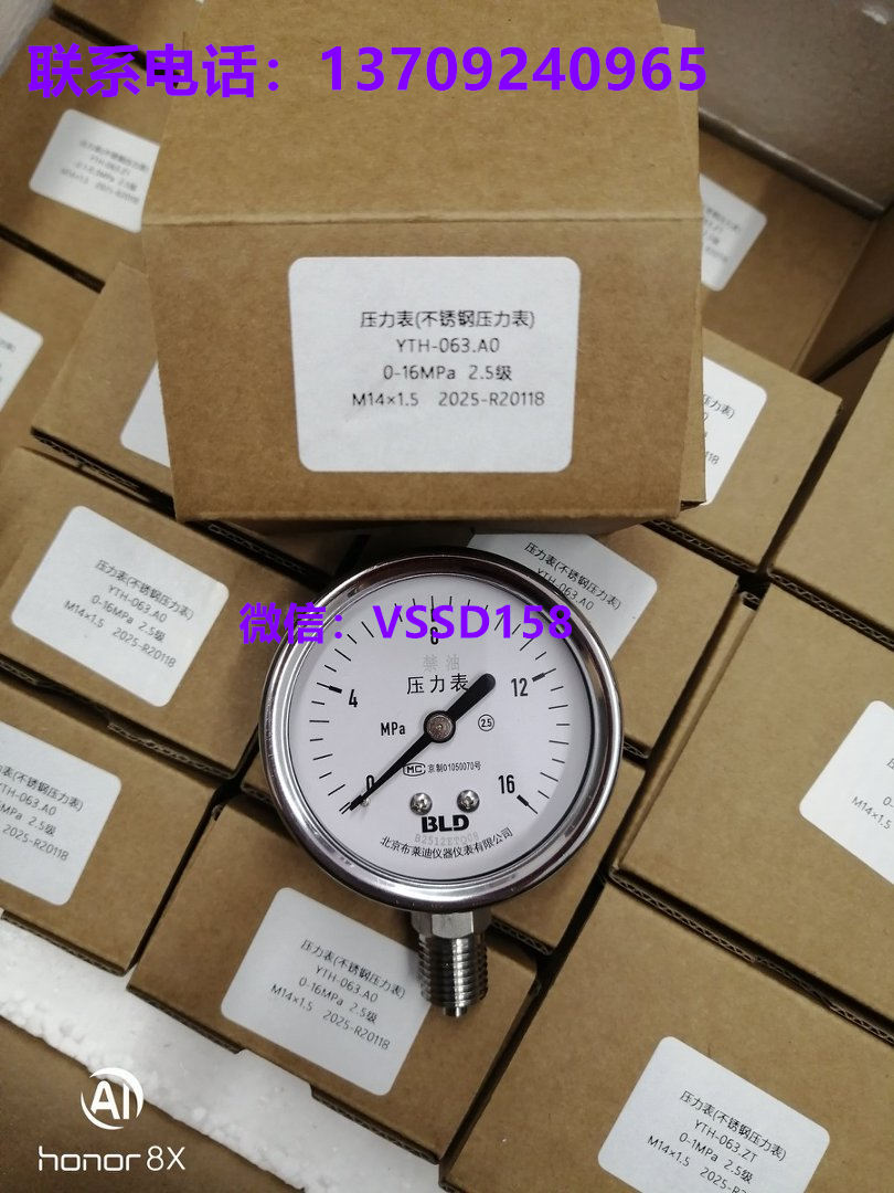 BLD 北京布莱迪 YTH‑063.AO 不锈钢压力表 0‑16MPa 2.5 级 M14×1.5 径向禁油压力表